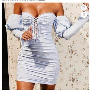 Oh Polly Mini Dress Neverland Bardot Puff Sleeve Mini Dress in Blue Size 4 New